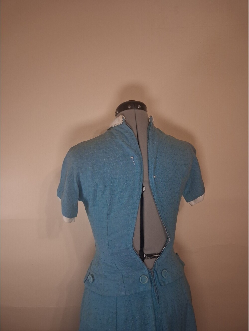 1940s Vintage Dress, Woven Blue Handmade Dress With Tie Academic Secretary Sz S - Picture 9 of 9